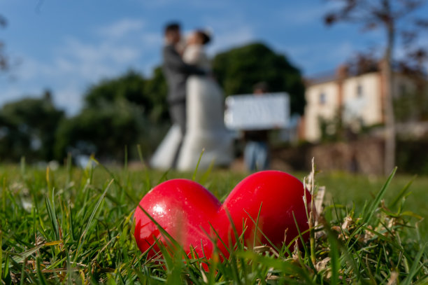 一颗红心放在深绿色的草坪上。一对恋人浪漫的背影在远处模糊了。结婚时的仪式。情人节的素材。图片下载