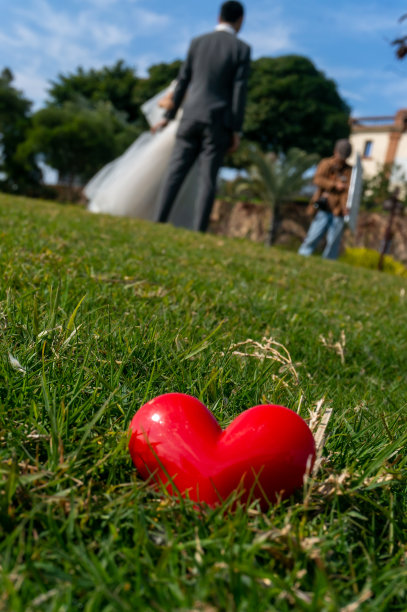 一颗红心放在深绿色的草坪上。一对恋人浪漫的背影在远处模糊了。结婚时的仪式。情人节的素材。图片下载
