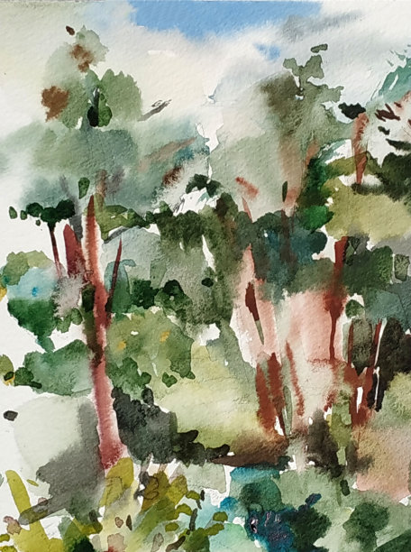 水彩彩色明亮纹理抽象背景手工制作。地中海风景。海岸建筑和植被绘画图片下载