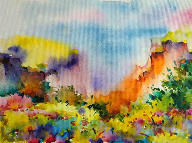 水彩彩色明亮纹理抽象背景手工制作。地中海风景。海岸建筑和植被绘画图片下载