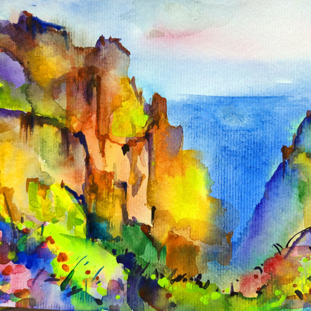 水彩彩色明亮纹理抽象背景手工制作。地中海风景。海岸建筑和植被绘画图片下载