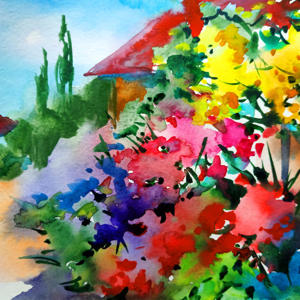 水彩彩色明亮纹理抽象背景手工制作。地中海风景。海岸建筑和植被绘画图片下载