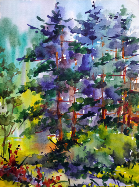 水彩彩色明亮纹理抽象背景手工制作。地中海风景。海岸建筑和植被绘画图片下载