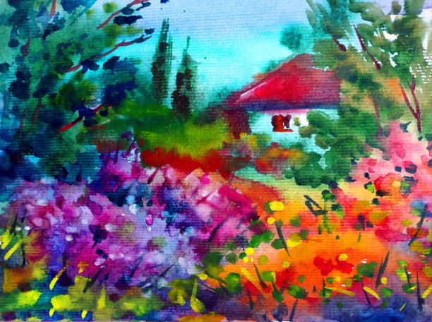 水彩彩色明亮纹理抽象背景手工制作。地中海风景。海岸建筑和植被绘画图片下载