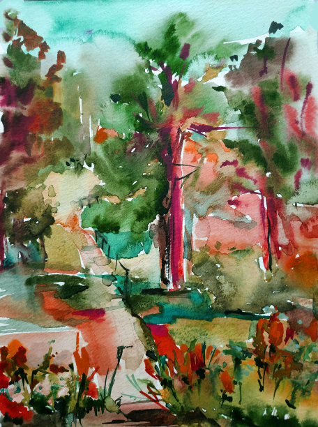 水彩彩色明亮纹理抽象背景手工制作。地中海风景。海岸建筑和植被绘画图片下载