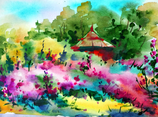 水彩彩色明亮纹理抽象背景手工制作。地中海风景。海岸建筑和植被绘画图片下载