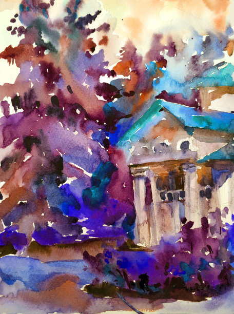 水彩彩色明亮纹理抽象背景手工制作。地中海风景。海岸建筑和植被绘画图片下载