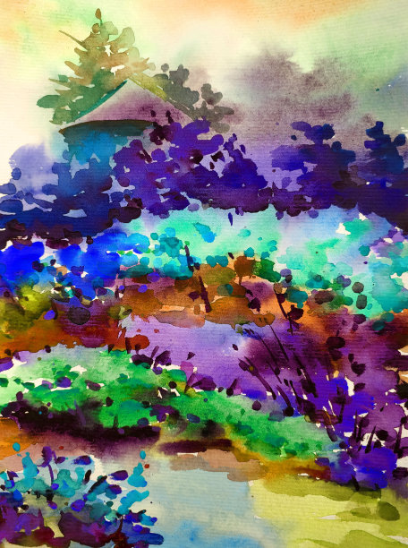 水彩彩色明亮纹理抽象背景手工制作。地中海风景。海岸建筑和植被绘画图片下载