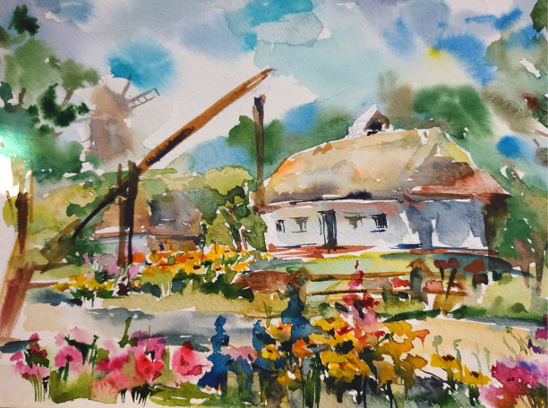 水彩彩色明亮纹理抽象背景手工制作。地中海风景。海岸建筑和植被绘画图片下载