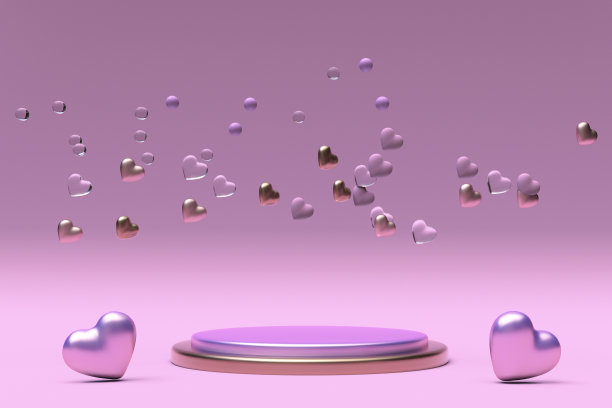 快乐的情人节粉红色的讲台展示与飞行的心脏形状，五彩纸屑，3D渲染插图图片下载