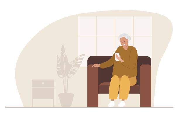 一位老妇人坐在椅子上，看着她的智能手机。微笑着拿着手机的高级女士。视频聊天，谈判，网上购物，查看邮件。平面向量插图图片下载