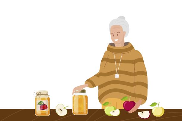 站在桌旁的老妇人。桌上放着果盘和苹果罐头。奶奶在煮苹果泥。健康食品。彩色平面卡通矢量插图孤立图片下载