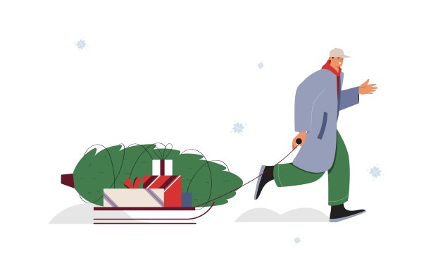 快乐的年轻人穿着军装，带着雪橇，圣诞树和礼盒奔跑。冬天有趣的概念。平面向量插图。图片下载