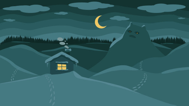 冬天的风景，在雪中有一个房子在月亮下，有人的脚印和一个大雪动物图片下载