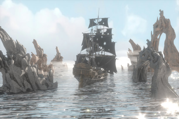 老吓人海盗船在海上渲染3d插图图片下载