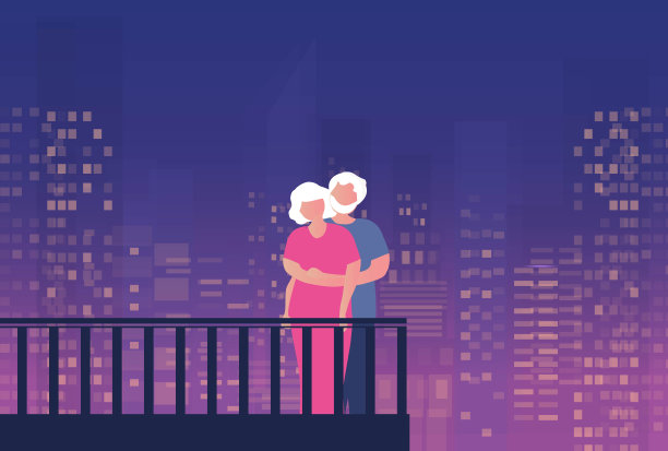 深情的老夫妇拥抱在阳台上的城市景观夜间矢量插图。情人节，婚姻，婚礼和爱情的概念图片下载