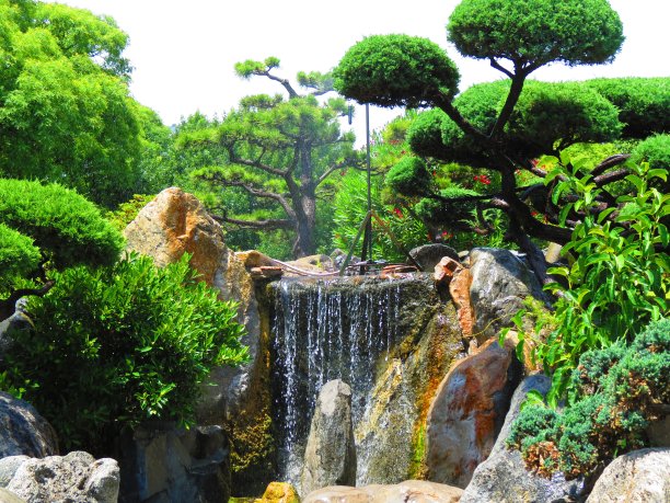 公园内的瀑布和盆景。图片下载