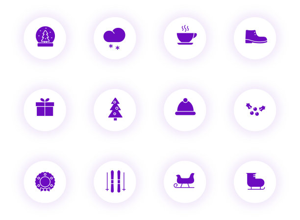 冬季紫色矢量图标光圆形按钮紫色阴影。冬季图标设置网页，移动应用程序，UI设计和打印图片下载