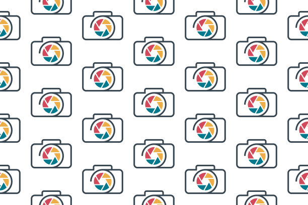 专业摄影相机无缝图案设计。矢量模式模板。重复几何图案插图的现代标志彩色相机多媒体光圈拍摄。肖像自然建筑&婚礼摄影师标志。EPS10图片下载