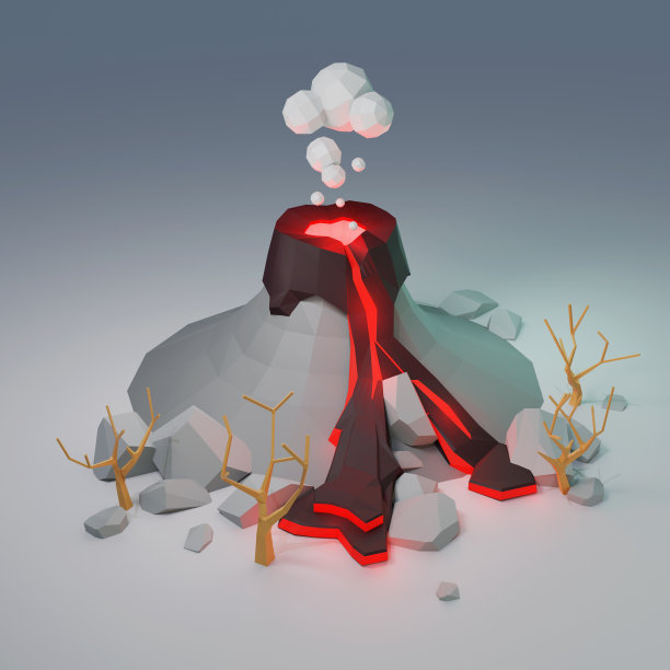 3d渲染火山与熔岩插图。火山喷发的低多边形景观。图片下载