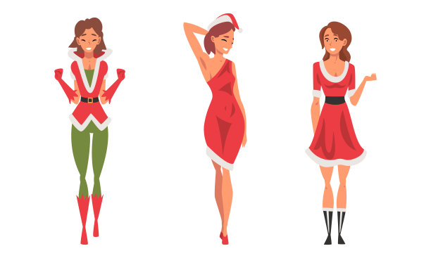 漂亮的女人穿着红色圣诞老人服装站在她的脸上微笑向量集图片下载