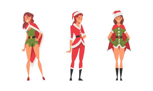 漂亮的女人穿着红色圣诞老人服装站在她的脸上微笑向量集图片下载