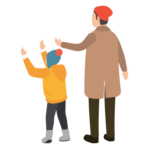 幸福的家庭，父亲带着儿子，冬天天气冷的衣服，帽子，暖和的外套，靴子。卡通平的风格图片下载
