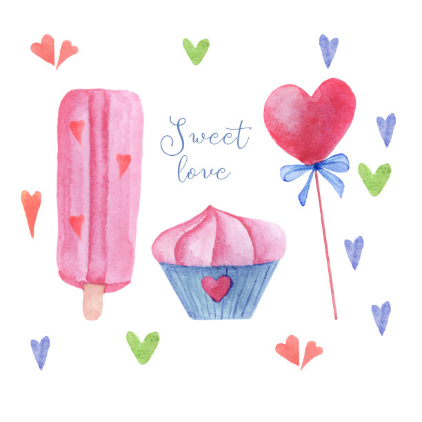 情人节水彩糖果、粉色冰淇淋、纸杯蛋糕和棒棒糖。图片下载
