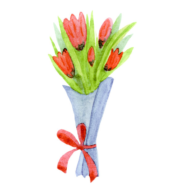 水彩花束与郁金香为情人节设计，花束在蓝色的纸，浪漫元素的设计卡片。图片下载