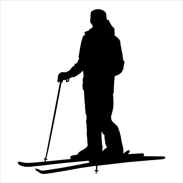 人滑雪。一个穿着滑雪服的人，手里拿着棒子，脚上踩着滑雪板。滑雪者半侧着站着，弯曲膝盖。冬季运动。男性黑色剪影孤立在白色背景上。图片下载