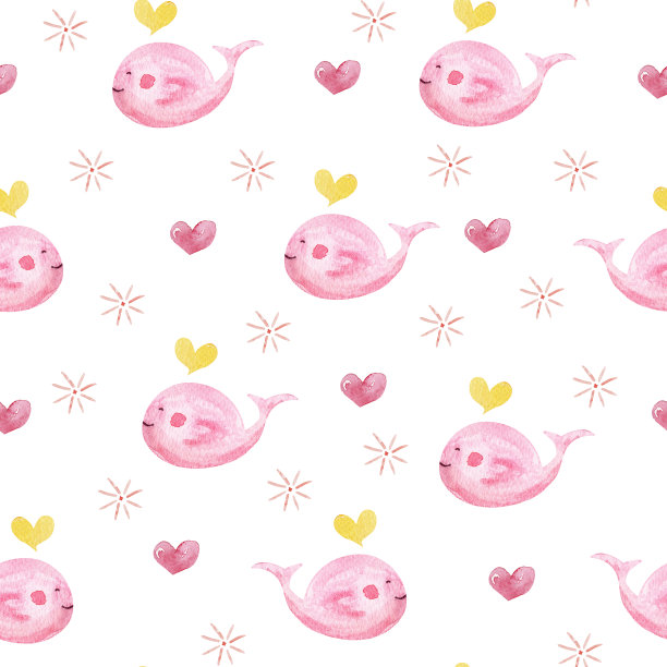 粉红鲸鱼和心水彩无缝图案图片下载