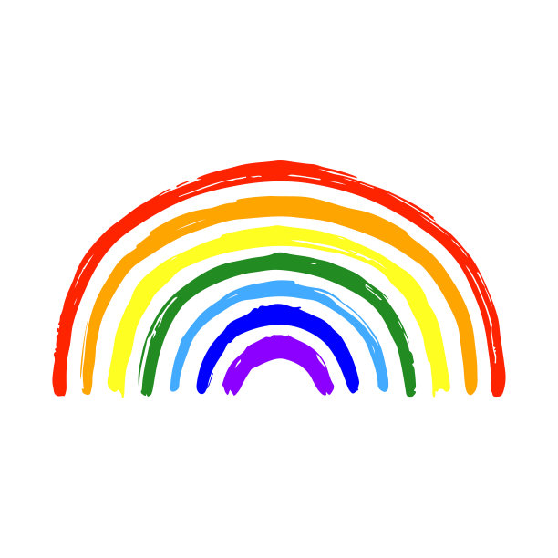 美丽明亮的卡通彩虹图标。前视图。手绘矢量平面图形插图。白色背景上的孤立对象。隔离。图片下载