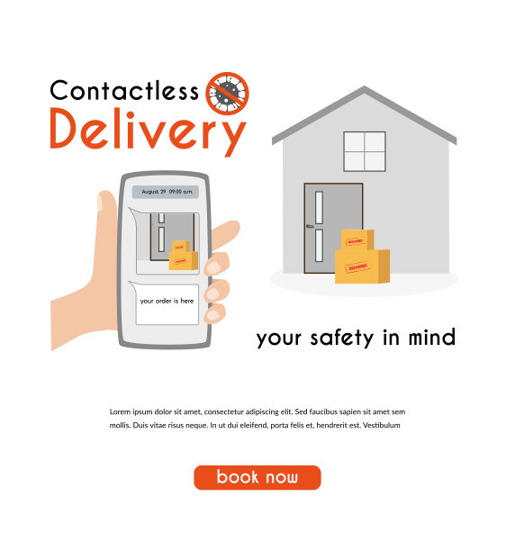 无触点交付概念说明。订购产品送货上门、安全距离、网上订购、新冠肺炎、冠状病毒。平面矢量插图，孤立对象。图片下载