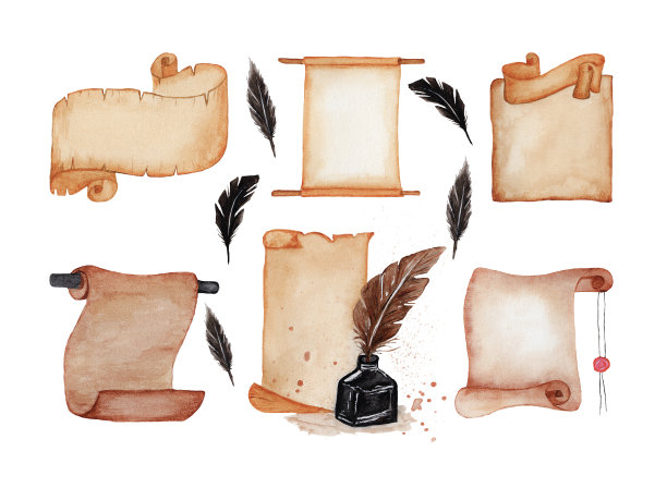 一套带有羽毛和墨水瓶的垂直卷轴旧纸。水彩手绘插图。旧的纸卷或羊皮纸，在白色的背景上刻有铭文，图片下载