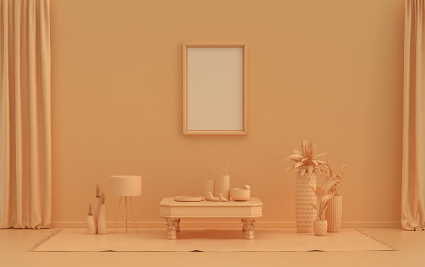 单帧画廊墙在橙粉色单色的平面房间与家具和植物，3d渲染图片下载