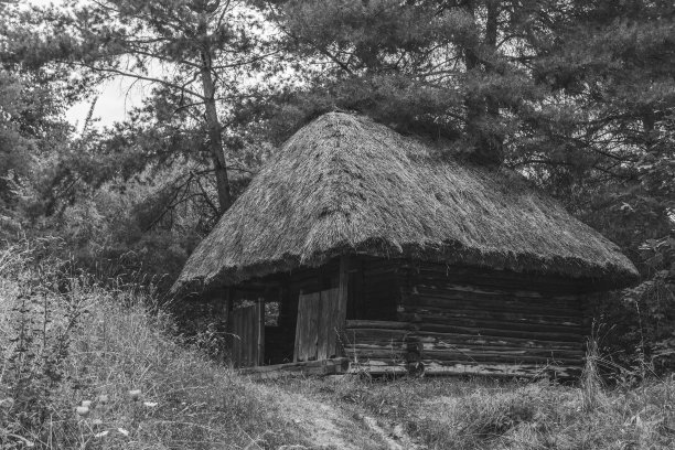 老乡村建筑的黑白照片。茅草屋顶的木屋，小木屋图片下载