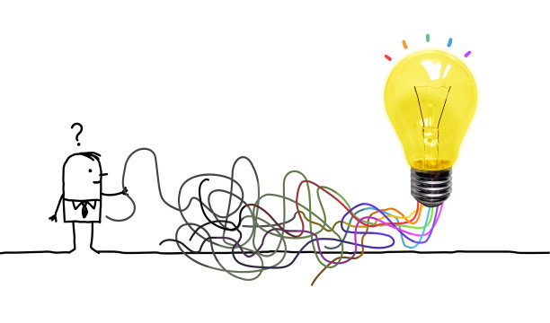 困惑的卡通男人，缠绕的线条通向灯泡图片下载