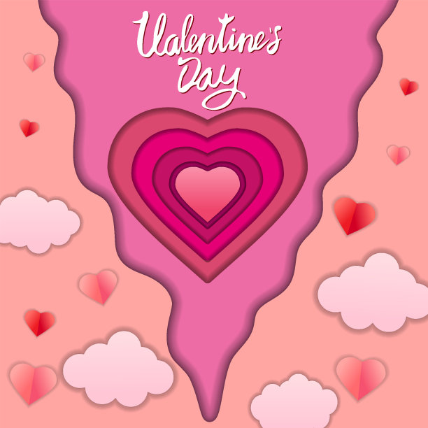 情人节快乐剪纸工艺设计横幅，红粉心和云彩。背景模板为贺卡、请柬、矢量图片下载