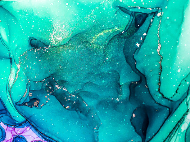 摘要亮色流体背景，手绘酒精画与金色条纹，液体墨技术纹理背景设计图片下载