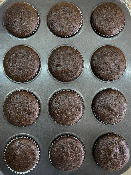 松饼烤盘的全帧图像，自制的巧克力纸杯蛋糕在纸蛋糕的情况下，家庭烘焙，高架视图图片下载