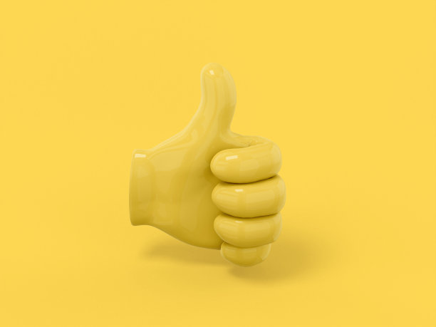 黄色单色手掌与拇指在黄色单色背景上。简约的设计对象。3d渲染图标UI ux界面元素。图片下载