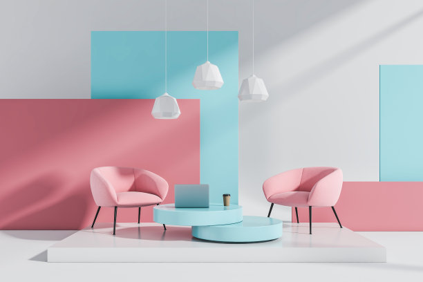 明亮的客厅内部有两个粉红色扶手椅，咖啡桌图片下载