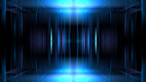 未来展示霓虹彩色灯光讲台舞台。摘要模糊玻璃透明背景展示场景店。未来现代幻想黑色橱窗走廊。三维渲染图片下载