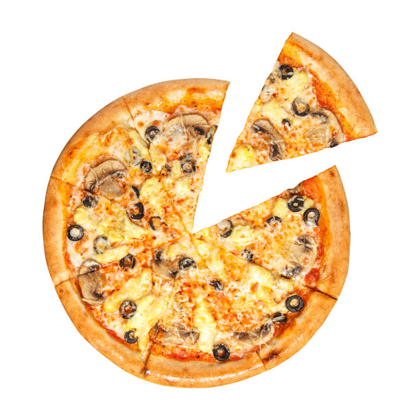 披萨的俯视图。切片比萨饼上方的视图孤立在白色背景上。图片下载