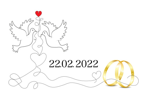 婚礼日期为2月22日。02. 2022年, 带着金婚戒，鸽子和一颗爱的心， 戒指上刻着爱的信息， 矢量插图孤立在白色背景上图片下载