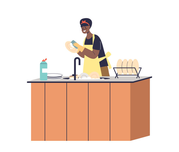 女人洗碗。年轻女管家打扫厨房。家庭活动图片下载