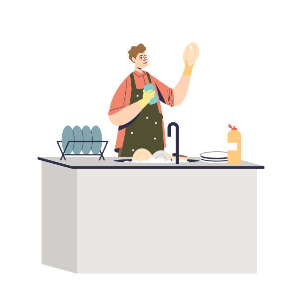 男人在家里洗碗。年轻的男性清洁工忙于家务杂务图片下载