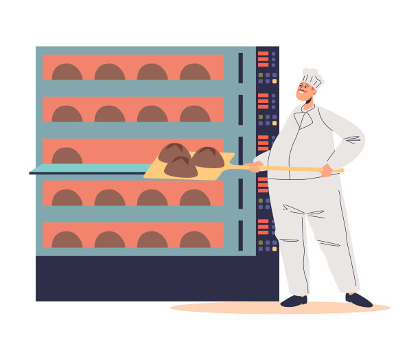 男面包师将生面包放入工业烤箱。做面包和烘焙糕点的人图片下载