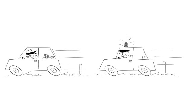 警用巡逻车闪烁追捕罪犯，矢量卡通棍子图插图图片下载