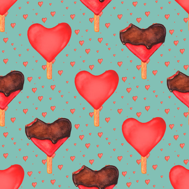 无缝图案与水彩红心冰淇淋图片下载